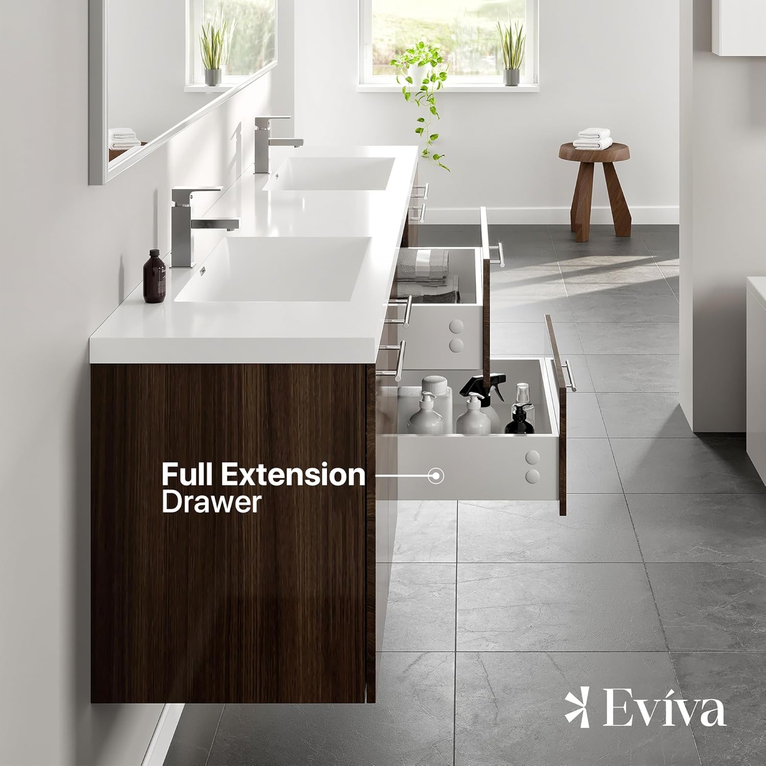 Eviva Lumina 84 in. Gray Oak Wall Mount Double Sink Bath Vanity with Acrylic Top and Integrated Sinks