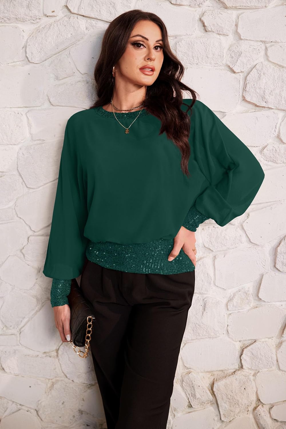 For G and PL Women's Dressy Sequin Formal Top Long Sleeve Chiffon Shirt Blouses - Image 2