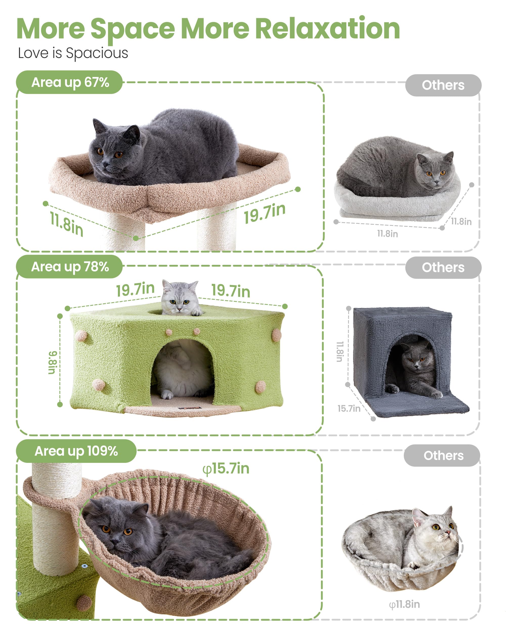 Heavy Duty Cat Tree for Large Cats Adult - 60 Inch XXL Sturdy Cat Tower Condo with Extra Wide Scratching Posts (&phi;4.4in) Big Cat House Hammock Perch - Indoor Wood Modern Multi Level Corner Cat Bed - image 3