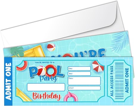 Pool Birthday Party Invitations-20 VIP Tickets with 20 Envelopes-Double-Sided Fun invites Cards-Summer Swimming Birthday Party Celebration Decorations Favors Supplies For Teens Adults Boys Girls-A06