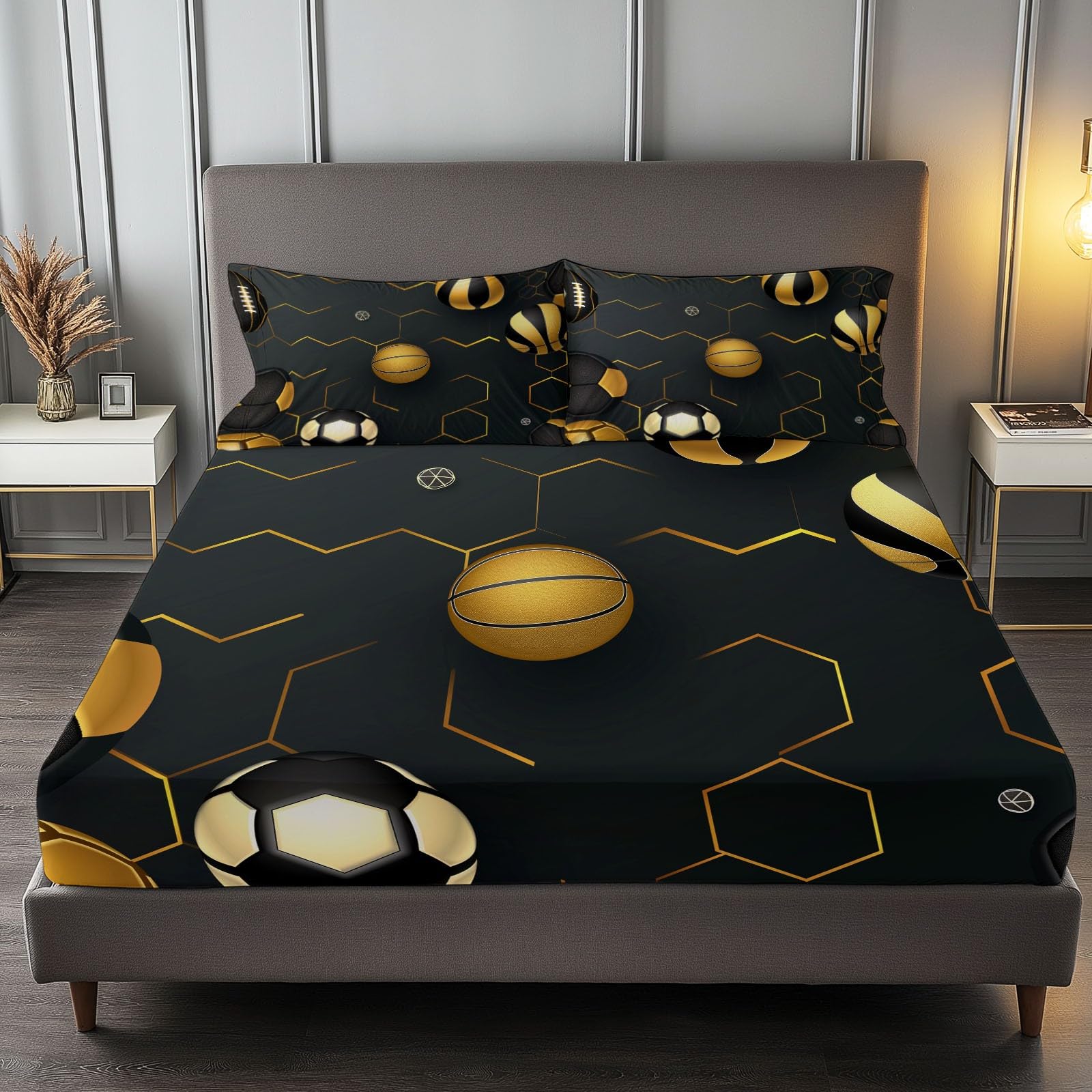 Fitted Sheet Twin Size Bedding Set for Kids Girls Women Men Room Decor, Soft Microfiber & Deep Pocket & Wrinkle Free Elegant Geometric Football Bedding Sheets, Black Gold