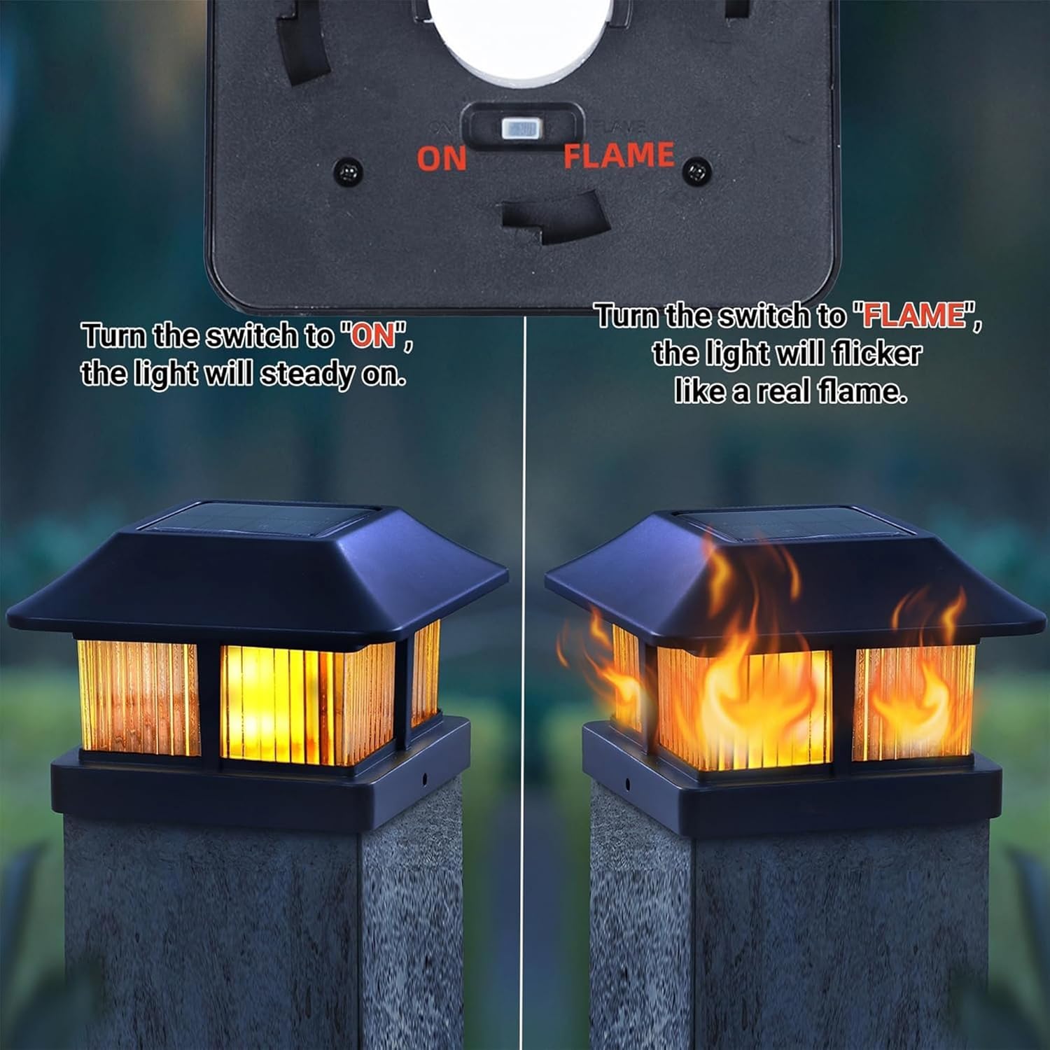 Dynaming 4x4 Solar Flame Post Cap Lights Outdoor, Solar Powered Fence Post Light, Flickering Flame LED Lantern Lamps Waterproof for Garden Deck Patio, Fit Wooden/Vinyl Posts, 12 Pack