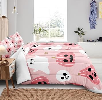 Ghost Halloween Comforter Girls Kids Pink Cartoon Bedding Set Twin Pink Pumpkin Candy White Ghost Sugar Skull Quilt Cute Happy Halloween Bed Comforter Set