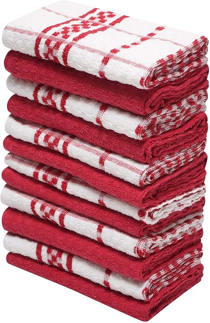 12 Pack Check Kitchen Towels Set - 40 x 70 cm, Red and White - 100% Ring Spun Cotton (285GSM) Super Soft and Absorbent Dish Towels, Tea Towels and Bar Towels