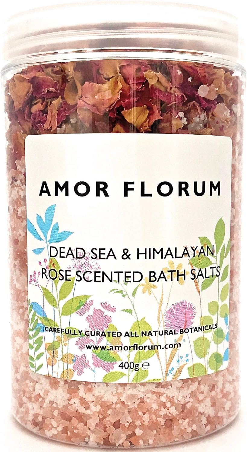 Amor Florum - Himalaya and Dead Sea Bath Salts with Damask Rose. 100% Natural - Detox, Hydrate, Soothe, Relax, Soften. 400g