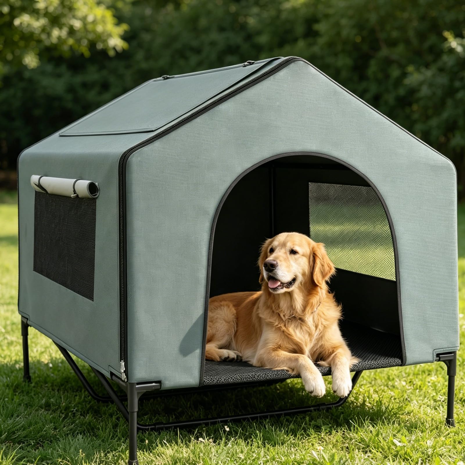 XIAPIA Hundeliege Outdoor mit Dach, 100x100cm Erhöhtes Hundebett für Große Hunde, Wasserdichtes Hundehaus mit UV-Schutz 50+ & Rollos, Kratzfestes Outdoor Hundezelt für Garten & Camping