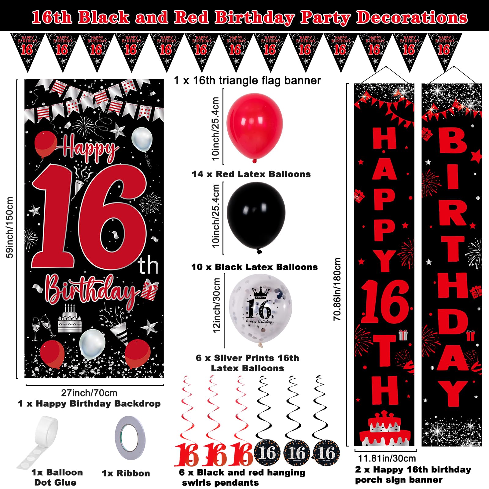 Sweet 16 Decorations For Boys Red & Black 16th Birthday Decorations Kit