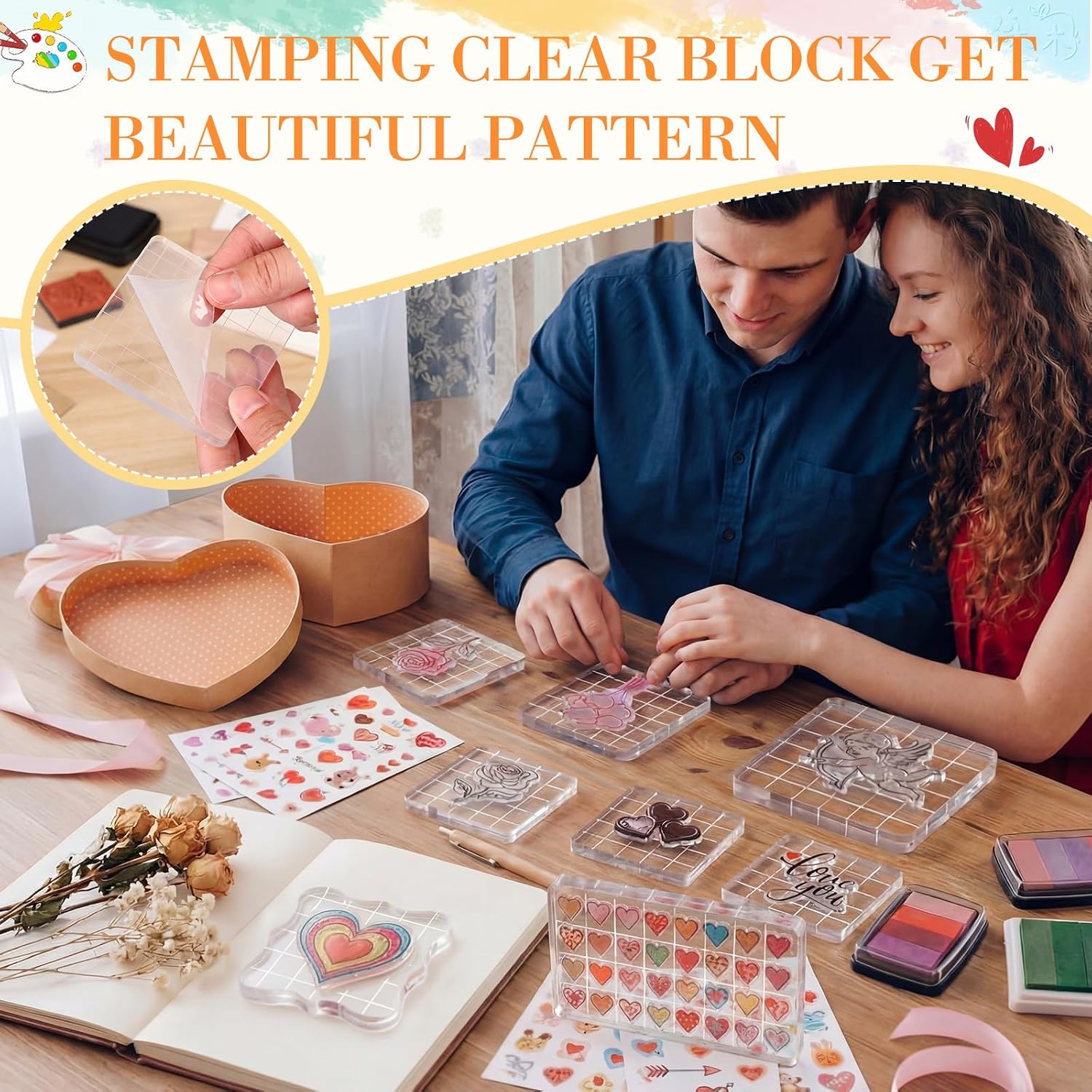 Mudder 15 Pieces Acrylic Stamp Blocks Set Clear Stamping Blocks Tools for Kids with Grid and Grip Scrapbooking Craft Making, Acrylic Block for Stamping, Decorative DIY Essential Stampings Tool