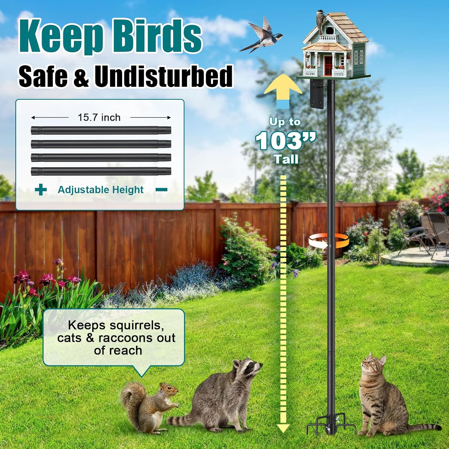 Heavy Duty Bird Feeder Pole - 103" Extra Tall Bird House Stand Outdoor, Anti-Tip Stakes & Stable Mount for Smart Camera Birdfeeder,Bluebird House, BirdBuddy, Birdfy
