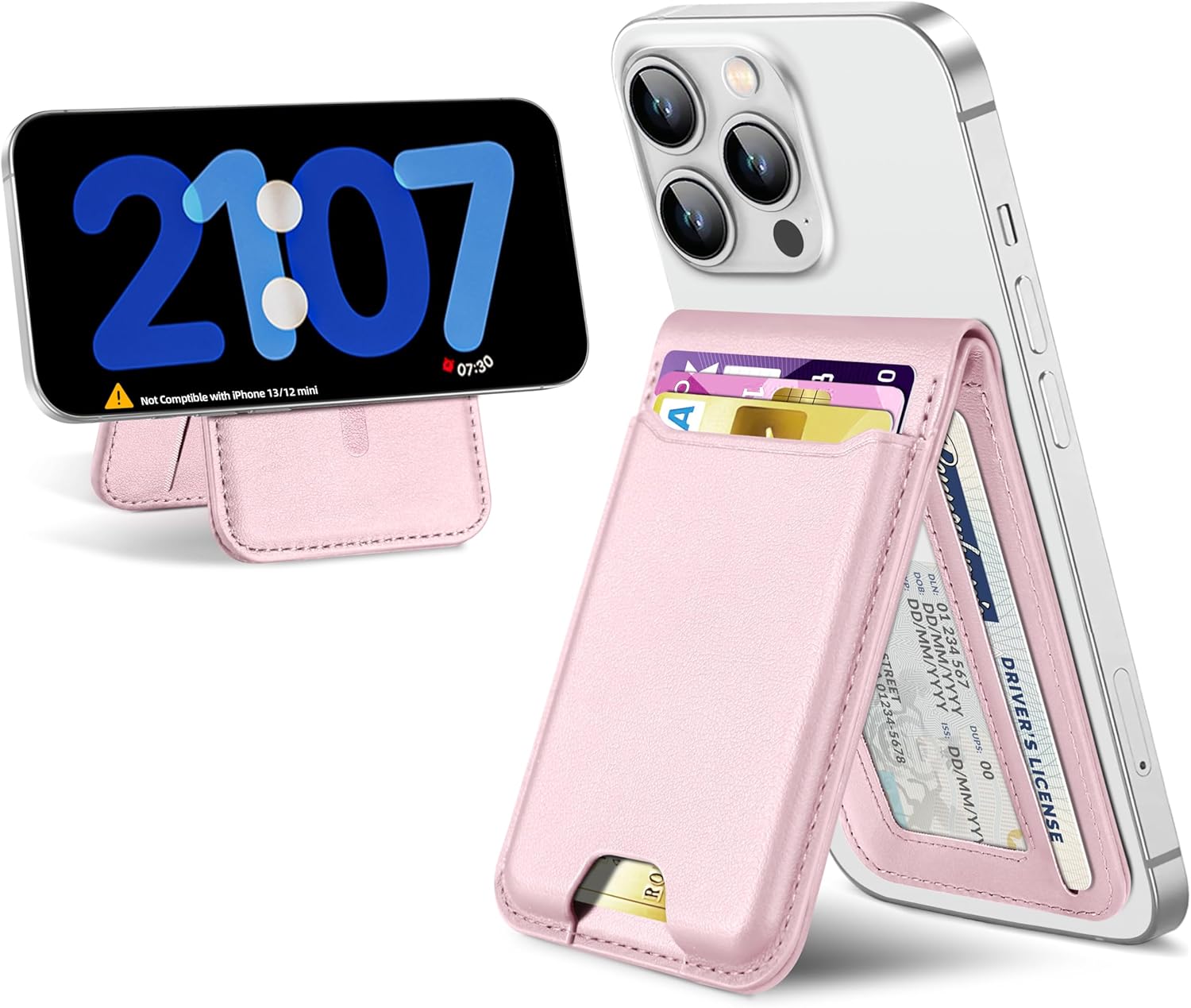 For Magsafe Wallet Stand, Strongest Magnetic Wallet for iPhone 17/16/15/14/13/12 Series, Magnetic Card Holder with Adjustable Stand, ID Window, 6 Cards Holder, Vegan Leather, RFID Blocking, Baby Pink