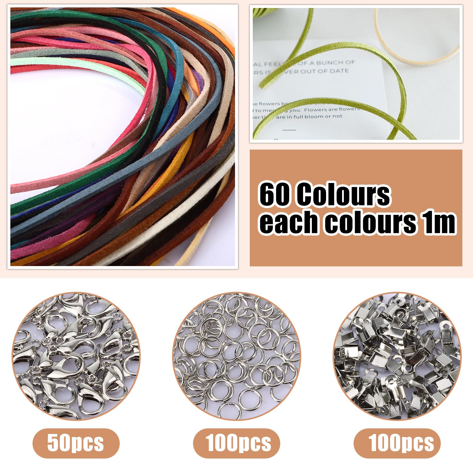 60 Stück 60 m 60 Farben Lederband, 3mm Lederband Ketten mit 100 Verschluss, 50 Karabinerverschluss und 100 Biegeringe, Basteln Lederbänder für DIY Schmuck Armband Handwerk