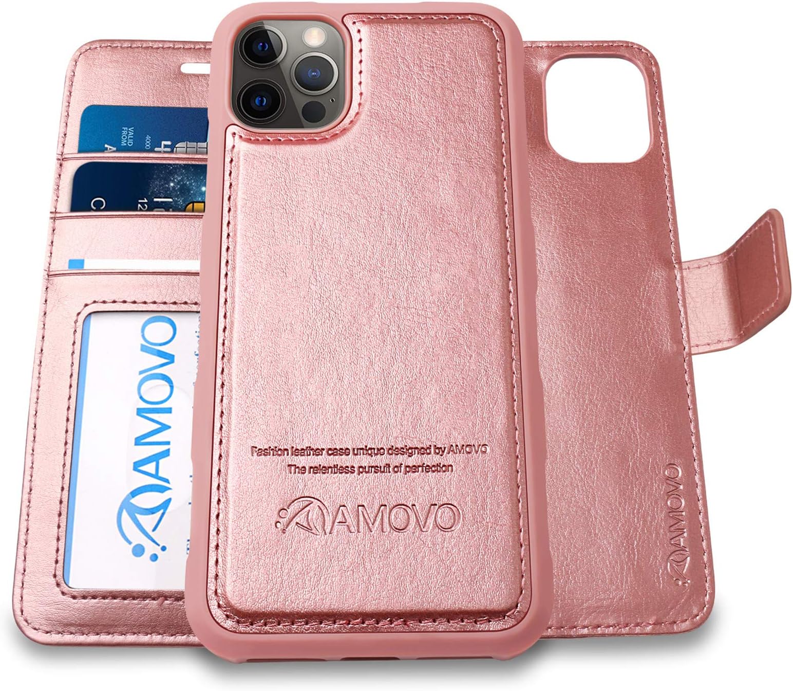 AMOVO Compatible with iPhone 12 Pro/iPhone 12 Wallet Case Detachable [Vegan Leather] [Hand Strap] [Card Slot] [Stand Feature] Flip Folio Case Cover Compatible with iPhone12/iPhone 12 Pro (Rose Gold)