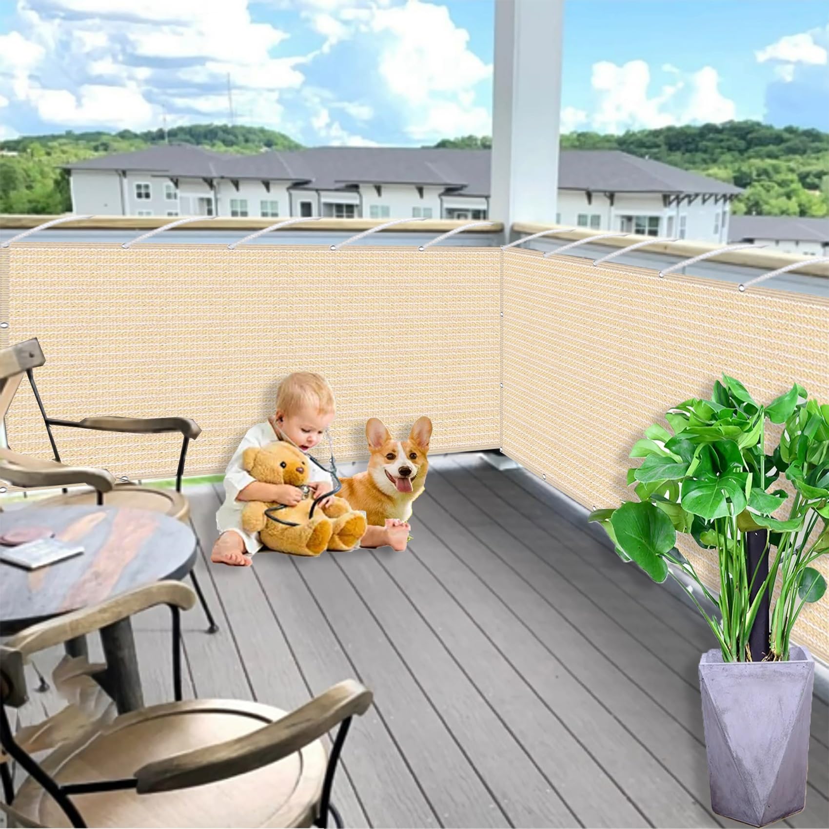 Parawan Balkonowy 0.95 x 7.5 m, Oddychająca Tkanina, Wiatrem, Przeciwsłoneczna, Ochrona Prywatności, Ogrodzenie Zewnętrzne Cieniującą, Z Oczkami Linką, Beżowy