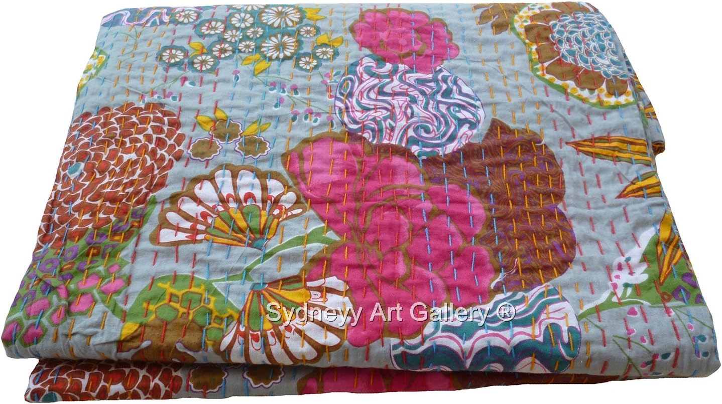 Sydneyy Art Gallery Indian Kantha Quilt, Floral Kantha Rallies, Bohemian Bedding Kantha Reversible Bedsheet/Bedspread (King Size)
