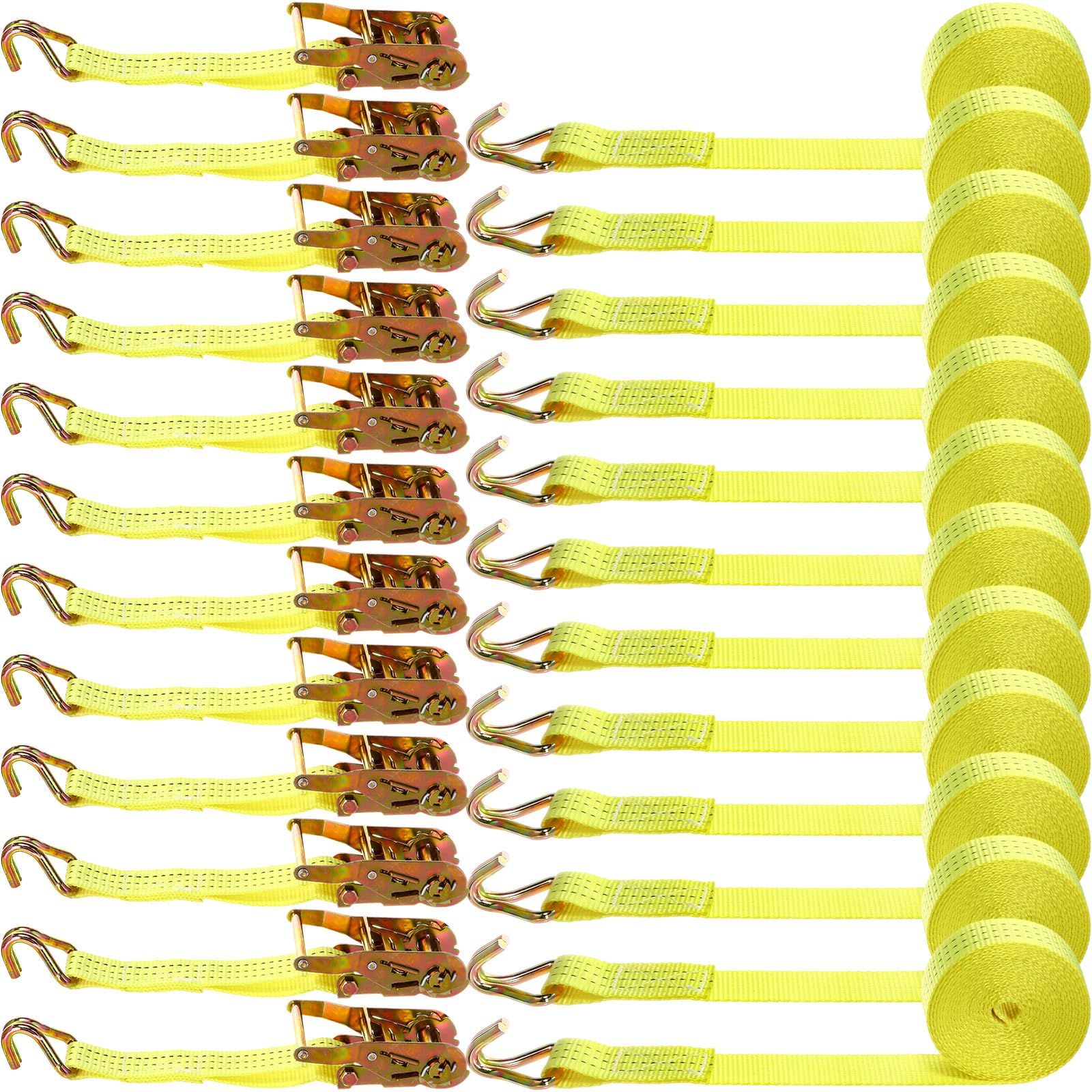 Shellwei 12 Pcs 1.5'' x 15' Ratchet Tie Down Straps 5000lbs Ratchet Strap Working Load Yellow Ratcheting Straps Cargo Straps with J Hooks for Moving Appliances Trucks Motorcycle Lawn Equipment