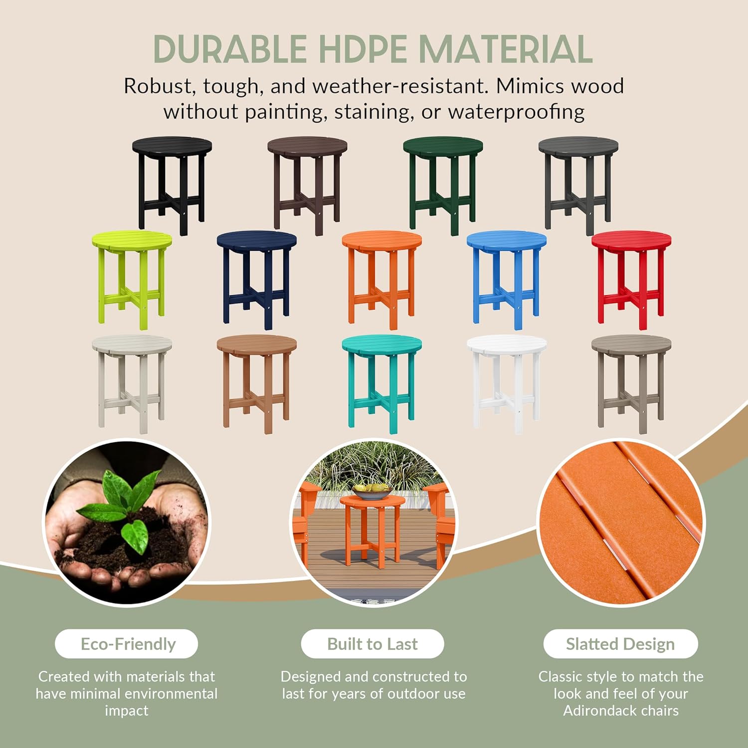 Orange HDPE Round Outdoor Side Table with Wood-Like Finish