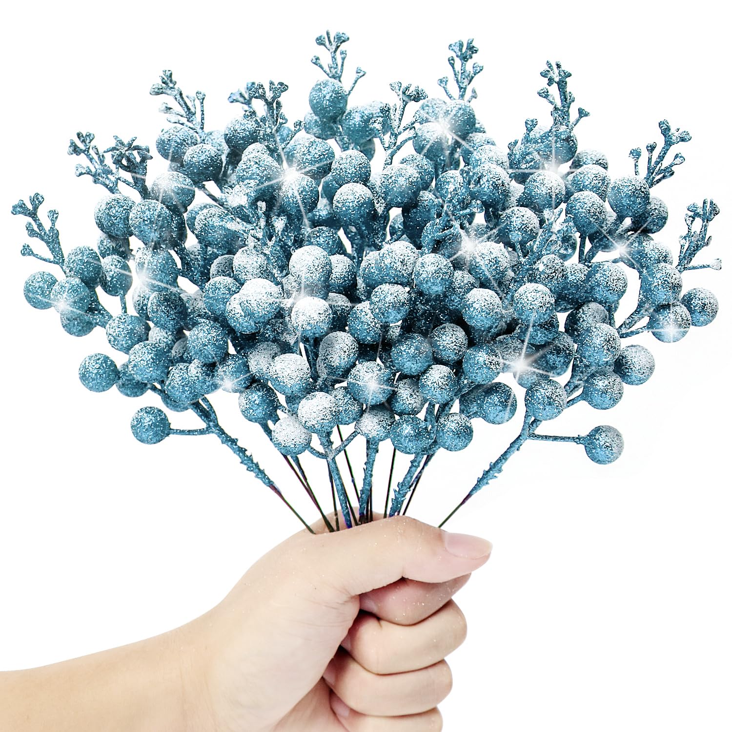 Pack of 16 Christmas Glitter Berries Stems, 8inch Artificial Snowy Berry Picks Sparkle Holly Berry Branches for DIY Crafts Wreath Making Supplies Xmas Tree Decor New Year Holiday Home Decor (Sky Blue)