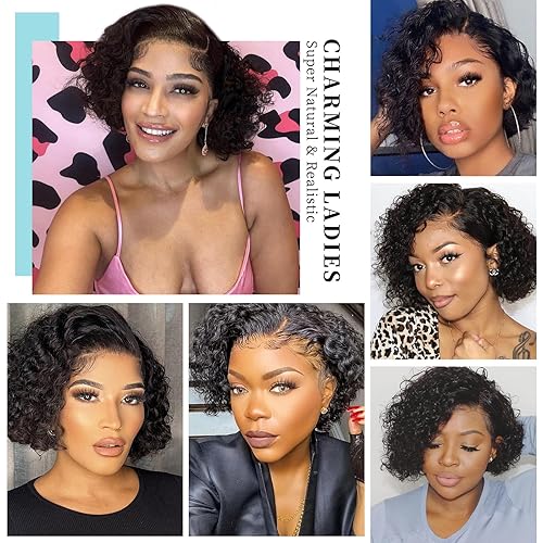 Miniatura 5 de FAVE Peluca de cabello humano corto y rizado con encaje frontal, densidad del 150 %, parte lateral en forma de C, pelucas de cabello humano ondulado