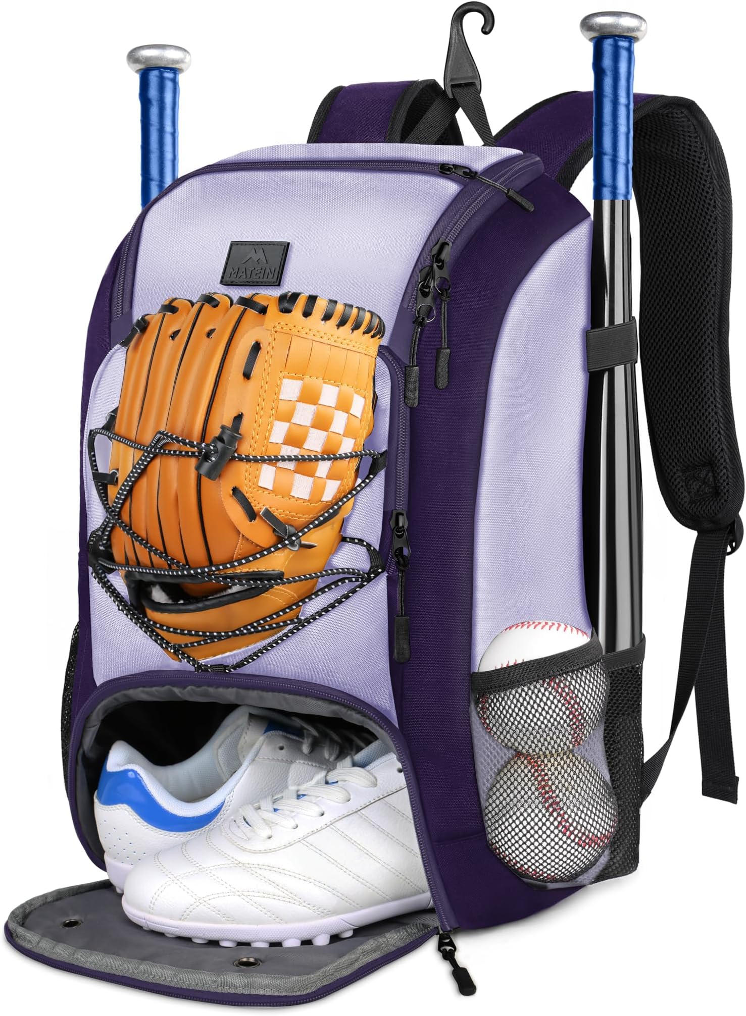 Baseball Backpack, Softball Bat Bag with Shoes Compartment for Youth, Boys and Adult, Lightweight Baseball Bag with Fence Hook Hold TBall Bat, Batting Mitten, Helmet, Caps, Teeball Gear