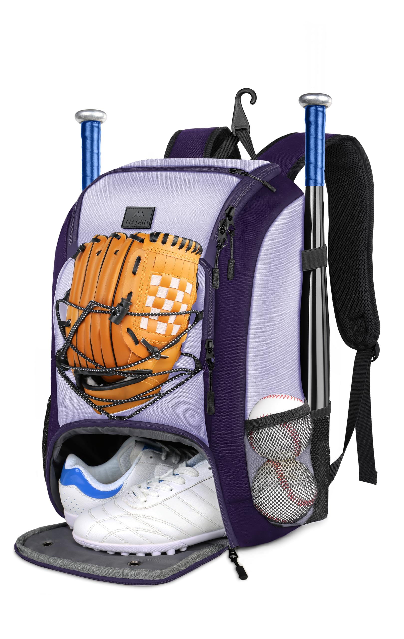 Baseball Backpack, Softball Bat Bag with Shoes Compartment for Youth, Boys and Adult, Lightweight Baseball Bag with Fence Hook Hold TBall Bat, Batting Mitten, Helmet, Caps, Teeball Gear