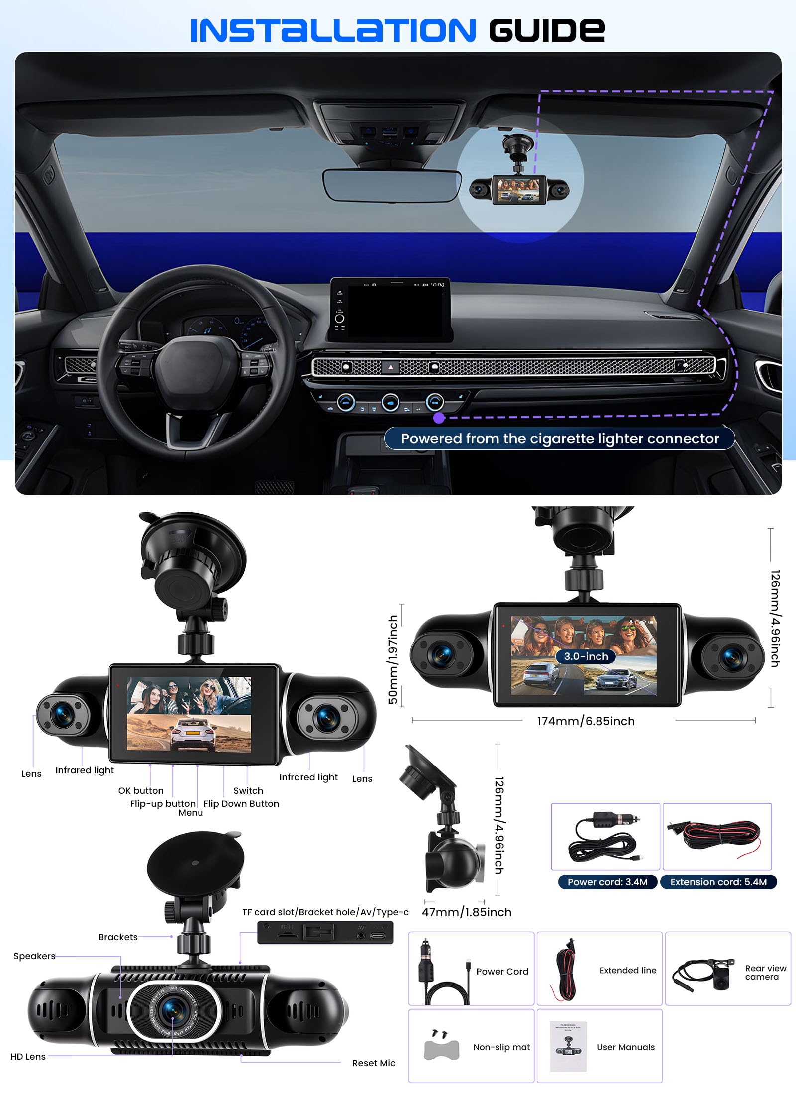 CAMECHO 4 Canales Dashcam 2K Cámara integrada Delantera, Izquierda, Derecha y Trasera con WiFi GPS, Rotación 360° Pantalla Dashcam 3 Pulgadas, Grabación en Bucle, Visión Nocturna, Sensor G