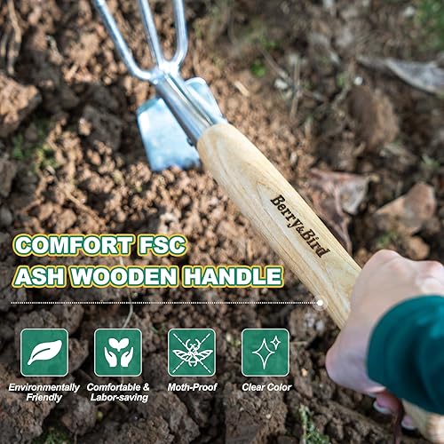 Miniatura 3 de Berry&Bird Herramientas manuales 2 en 1 azada y cultivador, cultivador de mano de jardín de acero inoxidable y picos con mango de madera, azadas de