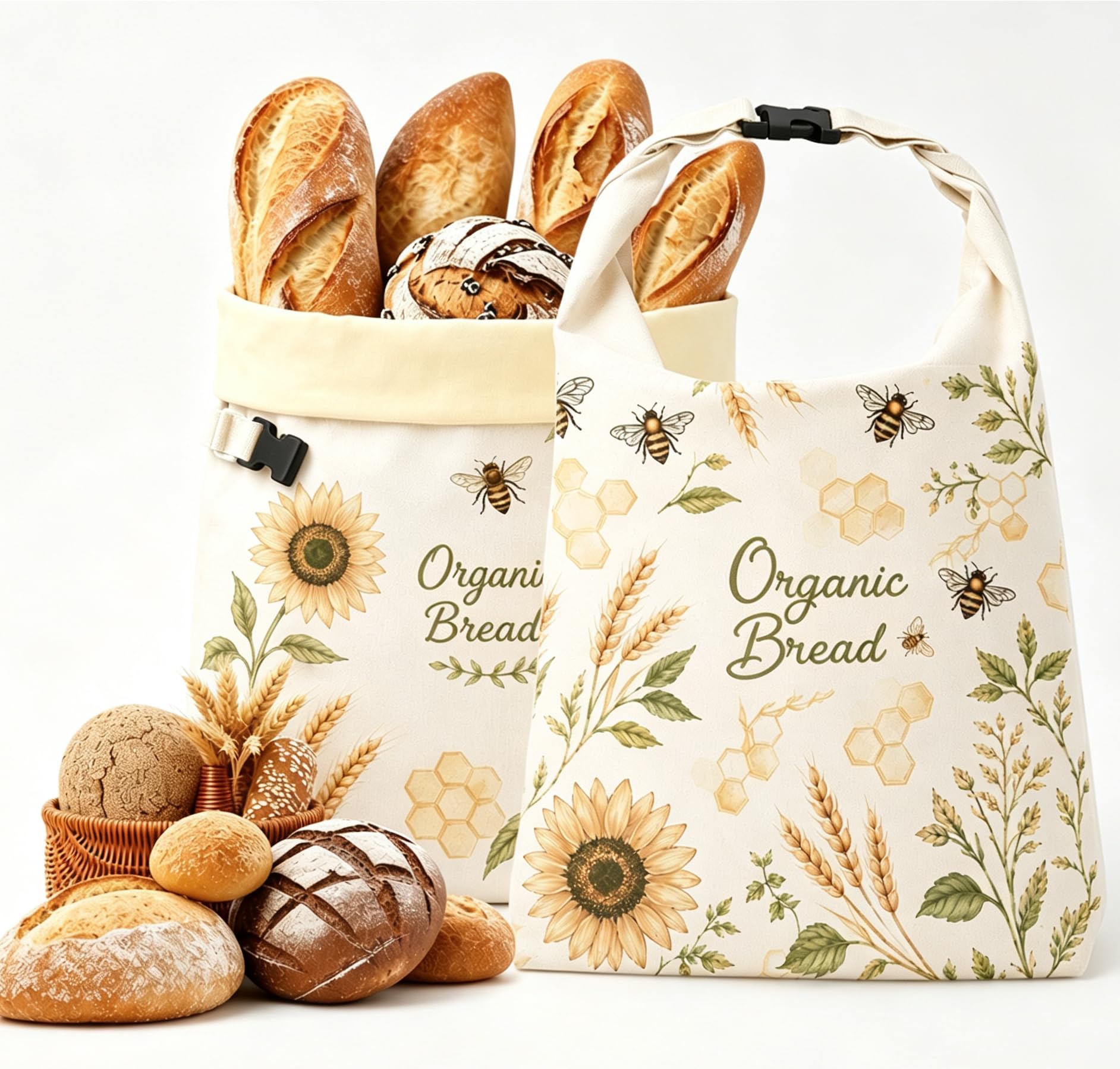 Pack of 2 Beeswax Bread Bags, Reusable, 43 x 33 cm, Large Bread Bag for Keeping Fresh for Sourdough and Homemade Bread, Sustainable Beeswax Cloths, Bread Bags, Natural Beeswax Coated