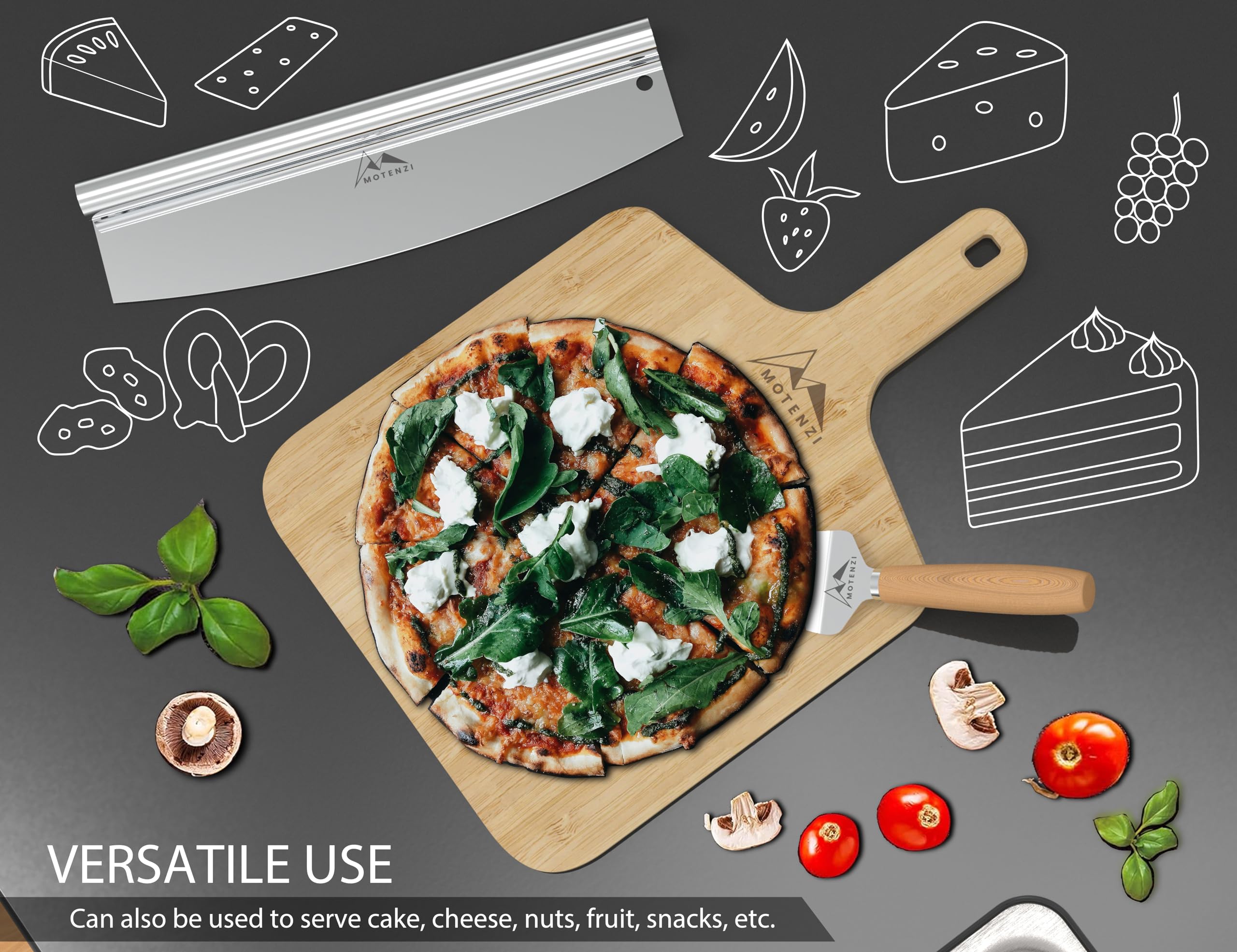 MOTENZI Bamboo Pizza Peel With Cutter and Server, Bamboo Pizza Board Wooden Pizza Paddle Spatula Oven Accessory for Baking Homemade Pizza, Wood Cutting Board for Cheese Bread Fruit Vegetables