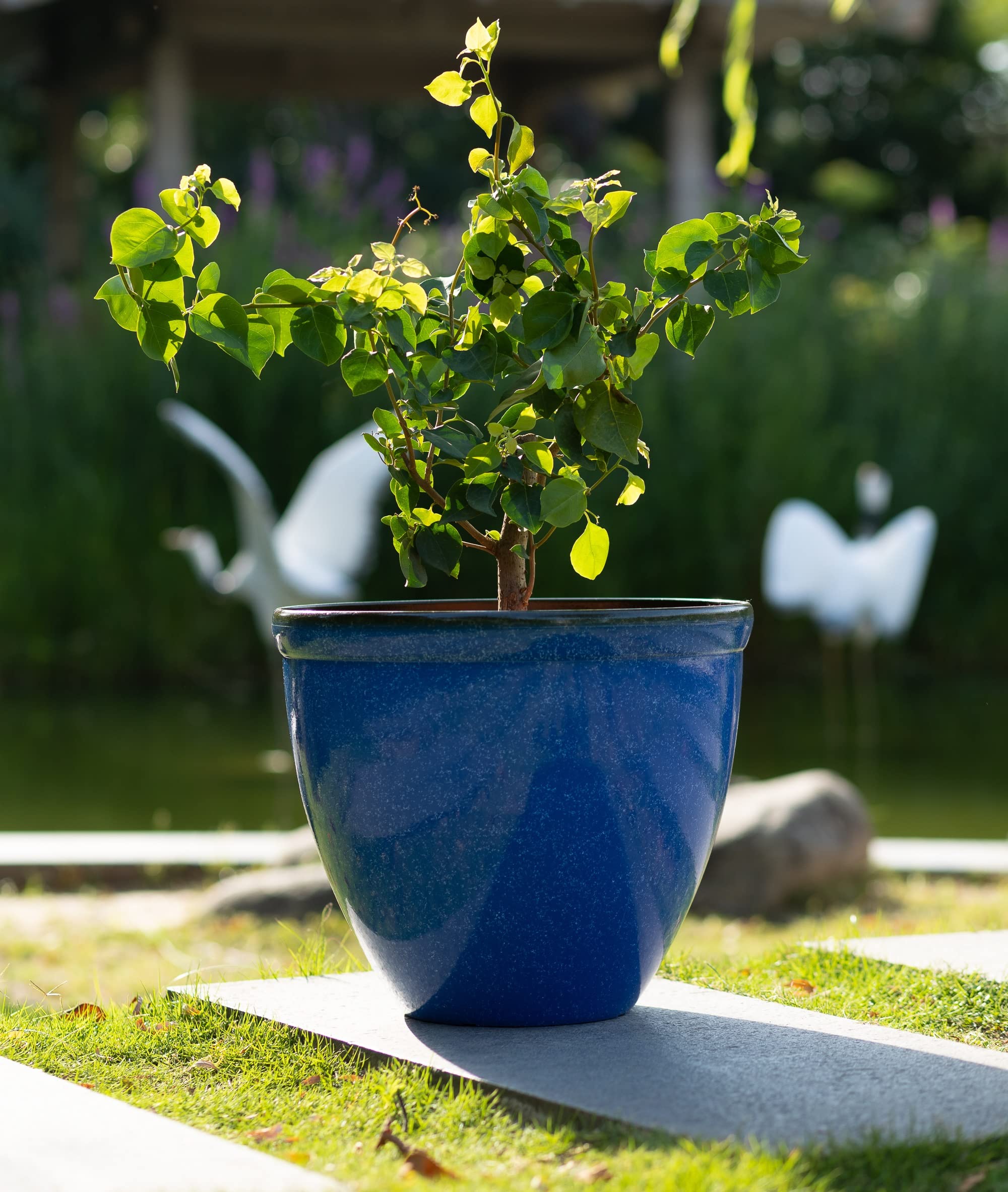 1 Pot de Fleurs en Plastique Effet céramique émaillée | Bleu Marine | Santorini Design | Ø 39,5 cm x 33,5 cm