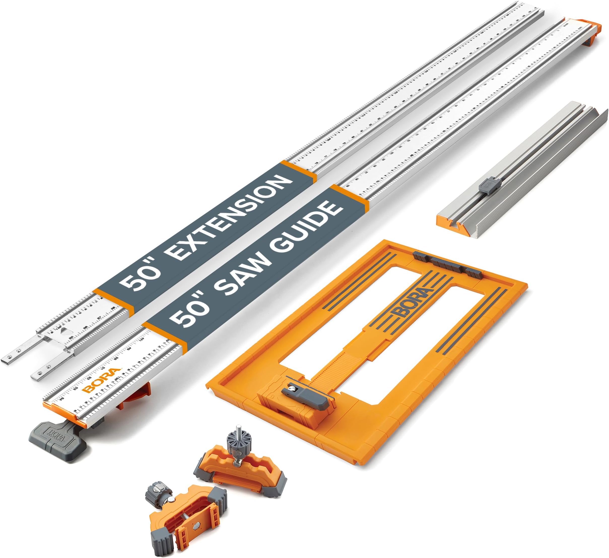 BORA NGX 5pc Deluxe Clamp Edge Set - 50 inch Guide Rail + 50 inch Rail Extension, NGX Saw Plate, T-Square Attachment & Track Clamps - Track Saw system for Circular Saw - 544550