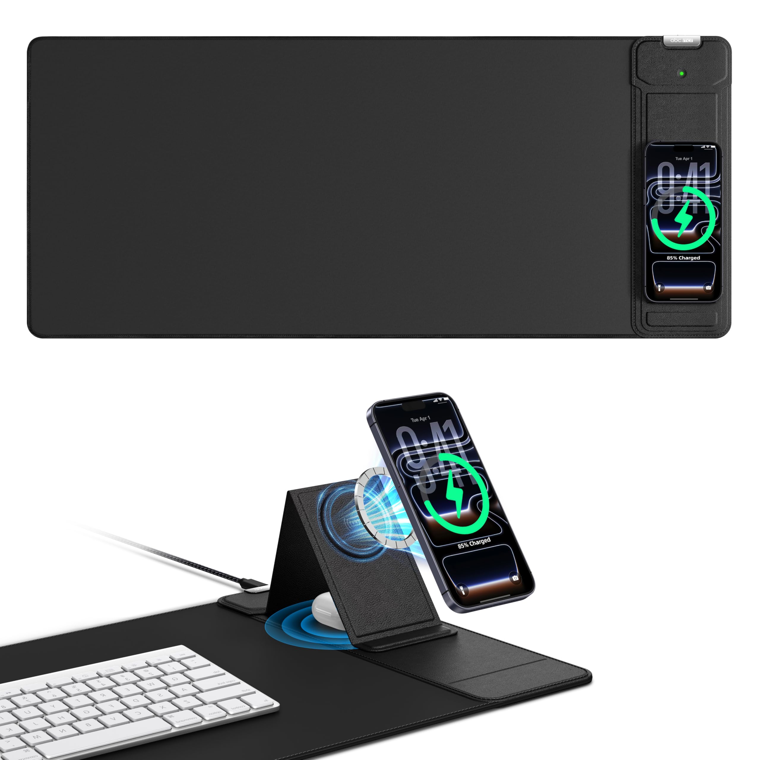 Tappetino per mouse con caricabatterie wireless magnetico e supporto regolabile per telefono, tappetino da scrivania esteso da 70 x 30 cm, tappetino per tastiera impermeabile ultra liscio, base
