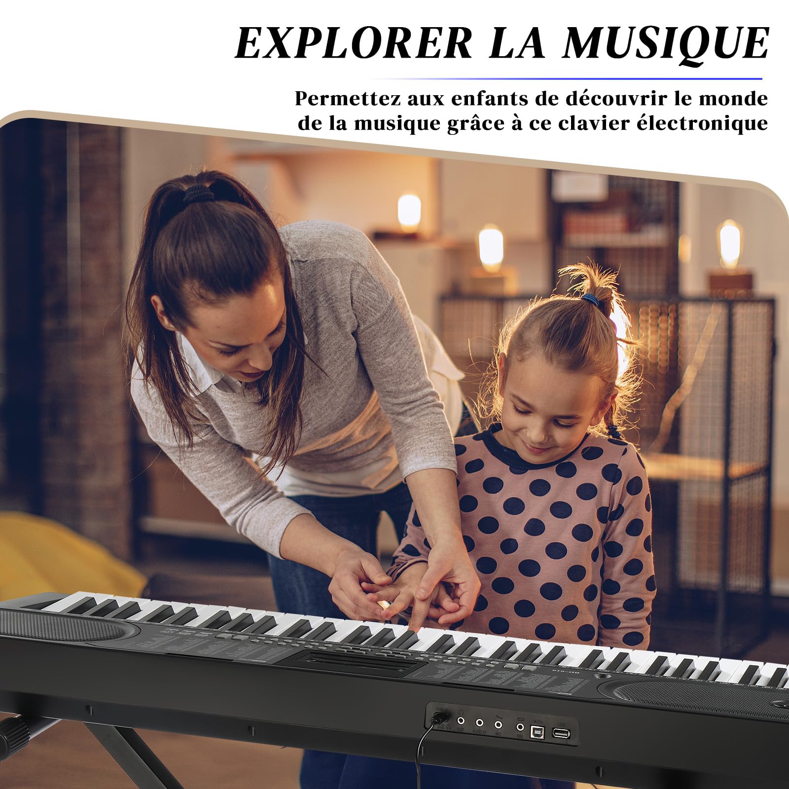 LEADZM Clavier Piano 61 Touches, Piano Numérique avec Touches Éclairées, LCD Écran, MIDI, Support X de Clavier Électrique, Banc de Piano, Pupitre, Casque, Microphone (Noir1)