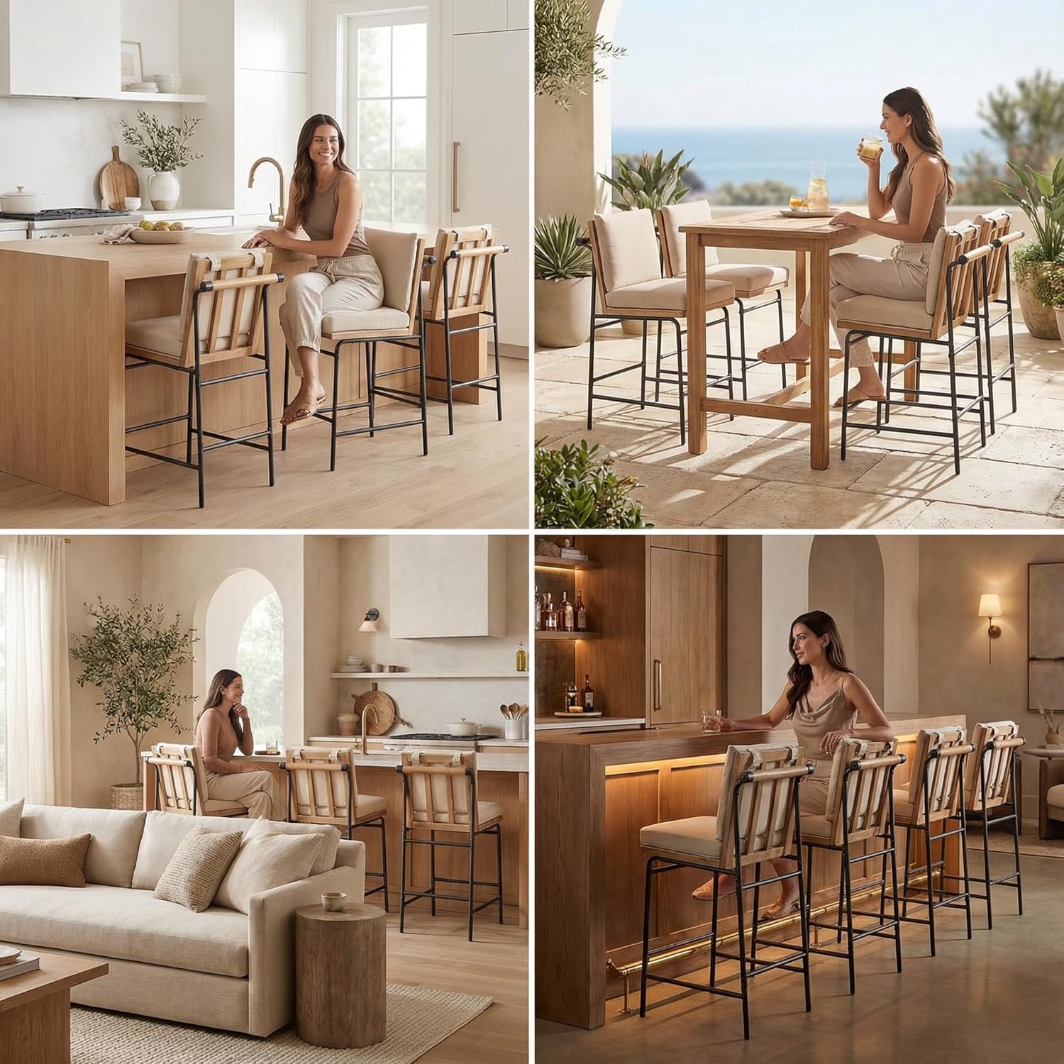 LukeAlon PU Leather Counter Stools Set of 2, Modern Upholstered 26" Seat Height Bar Stools with Rear Handle Armless Kitchen Island Stools with Padded Mid Back Metal Legs for Home Bar Restaurant, Beige