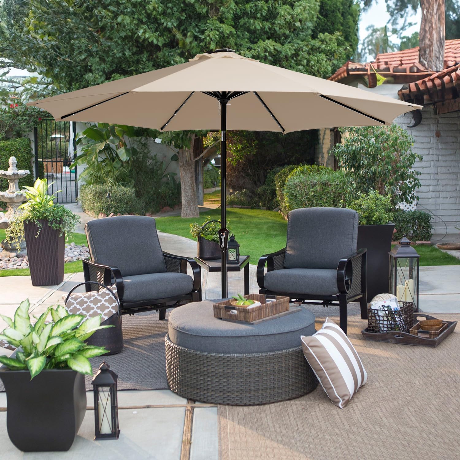 JEAREY 9ft Solar LED Lighted Patio Umbrella, Table Market Umbrella with 8 Ribs/Tilt Adjustment and Crank UV-Resistant Outdoor Umbrella for Garden, Deck, Backyard, Pool and Beach - Beige