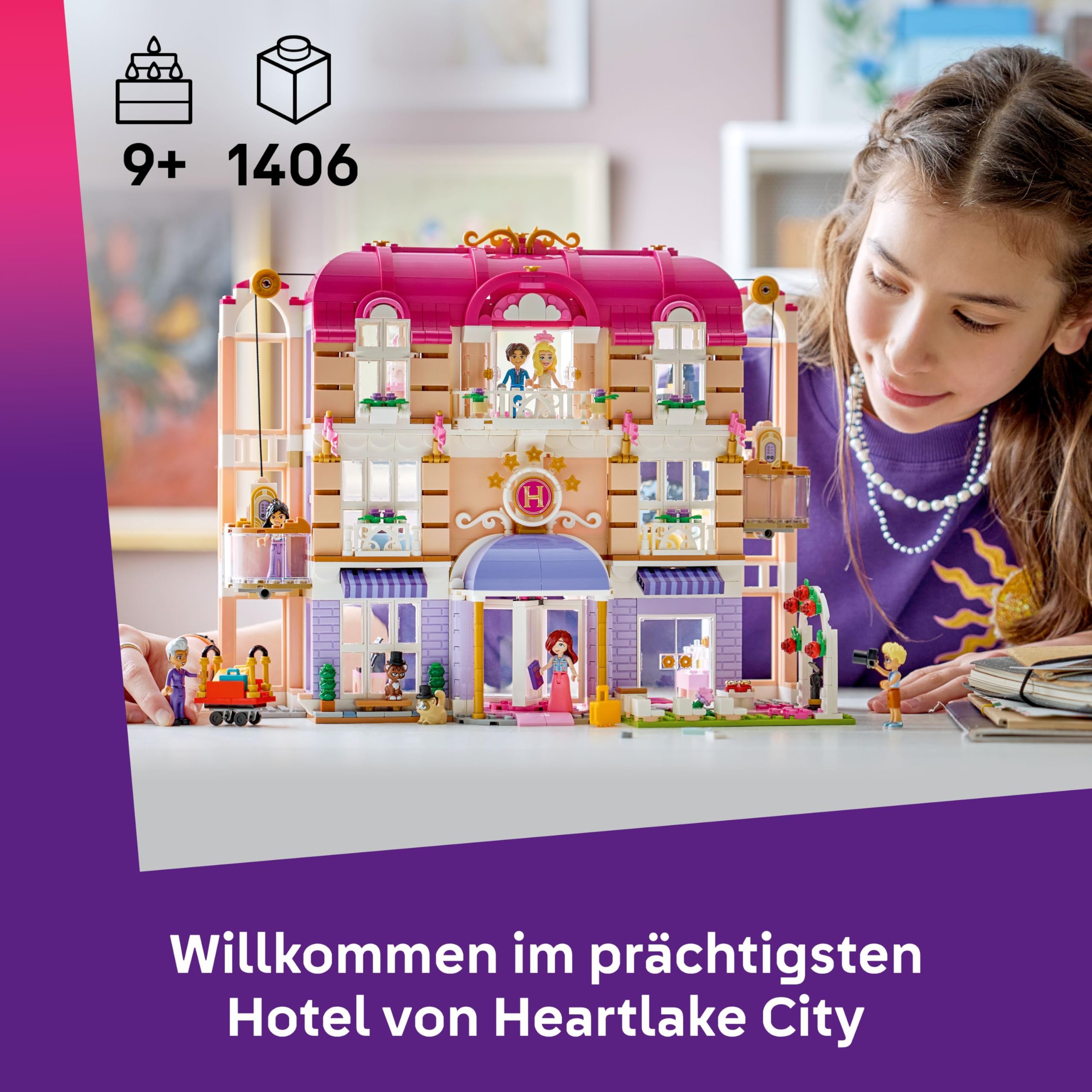 LEGO Friends Das Grandhotel von Heartlake City - Miniatur Modell mit 6 Minifiguren, 2 Tierfiguren & Zubehör - Kinderzimmer Deko - Geschenkidee für Mädchen ab 9 Jahren - 42704