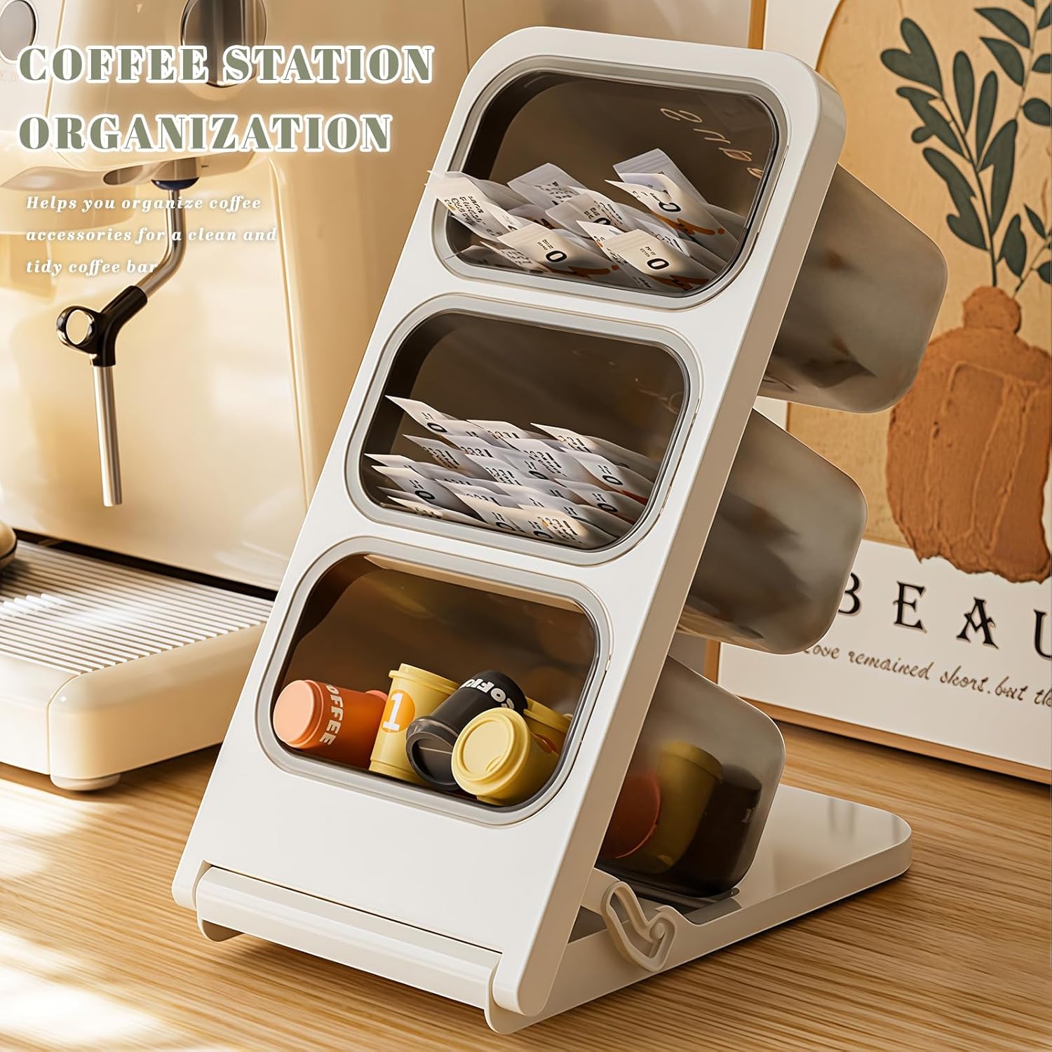 Coffee Pod Holder with 3 Removable Box K Cup Storage Container Coffee Bar Accessories for Creamer Suger Plastic Desk Organizer Box Tea Bag Organizer