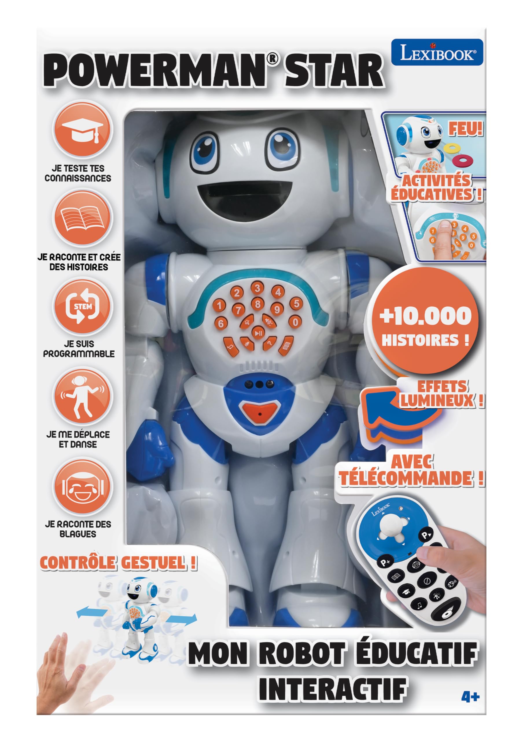 Lexibook Powerman Star Robot zdalnie sterowany, rozmowy i chodzenie, programowalny STEM dla dzieci 4+, biały/niebieski, ROB85FR