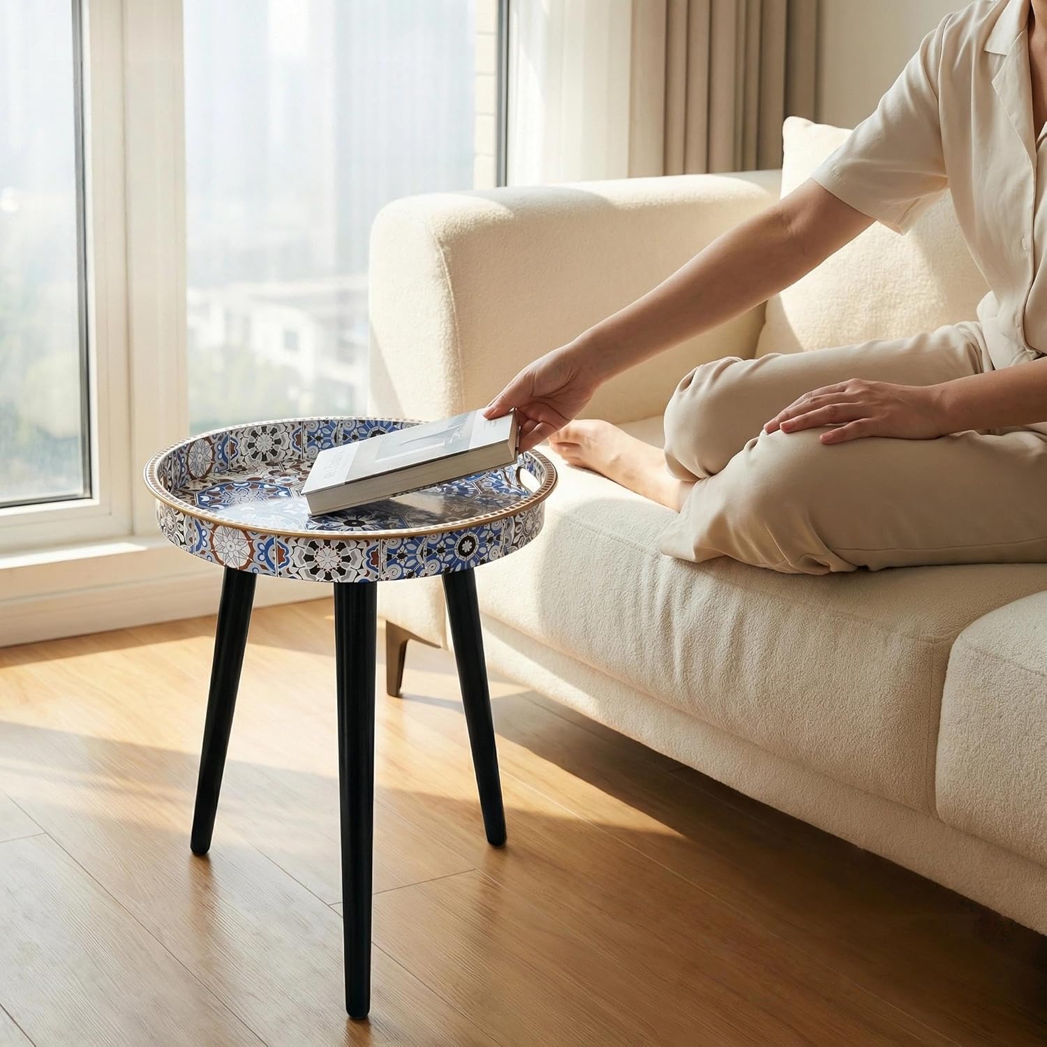 Zosenley Small Round Side Table - 13" Blue Boho Geometric End Table with Vintage Pattern Tray - Unique Artistic Accent Nightstand with Moisture-Resistant Wrapped Legs for Living Room Bedroom