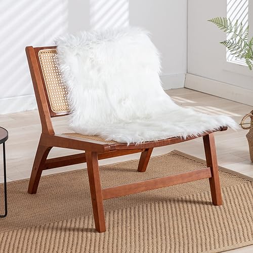 Miniatura 1 de NIOIIKIT Silla decorativa moderna de mediados de siglo con marco de madera, sillas de piel sintética tejida a mano con alfombra de lana blanca,