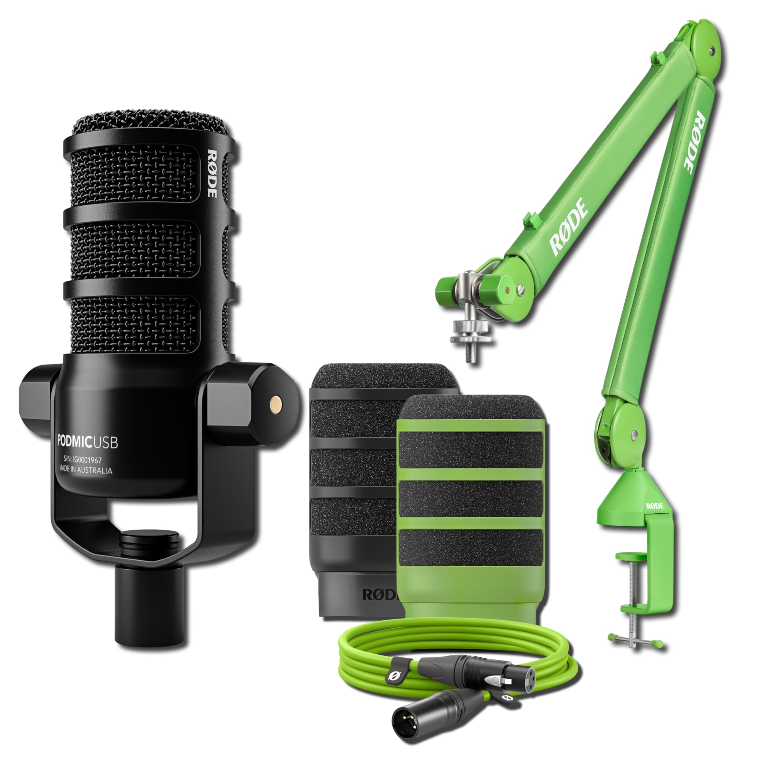 Rode PodMic USB Podcast Microphone Bundle with Green PSA1+ Boom Arm