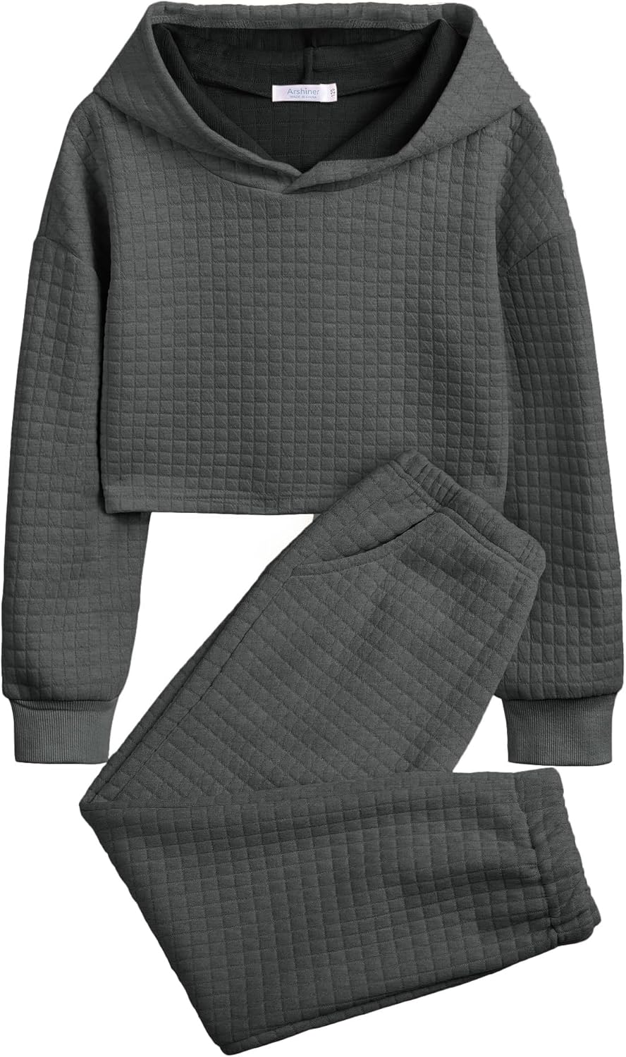 Arshiner Girls 2 Piece Outfit Waffle Knit Pullover Hooded Sweatshirt and Sweatpants Clothing Sets Long Sleeve Tracksuits