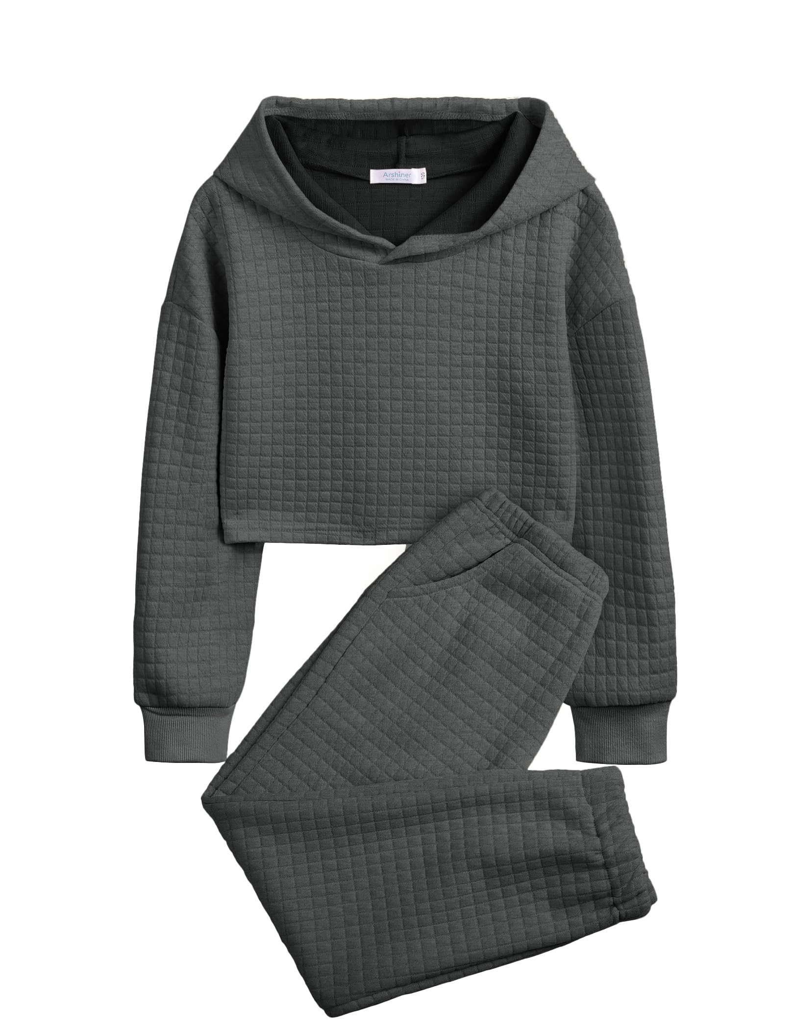 Arshiner Girls 2 Piece Outfit Waffle Knit Hooded Sweatshirt and Sweatpants