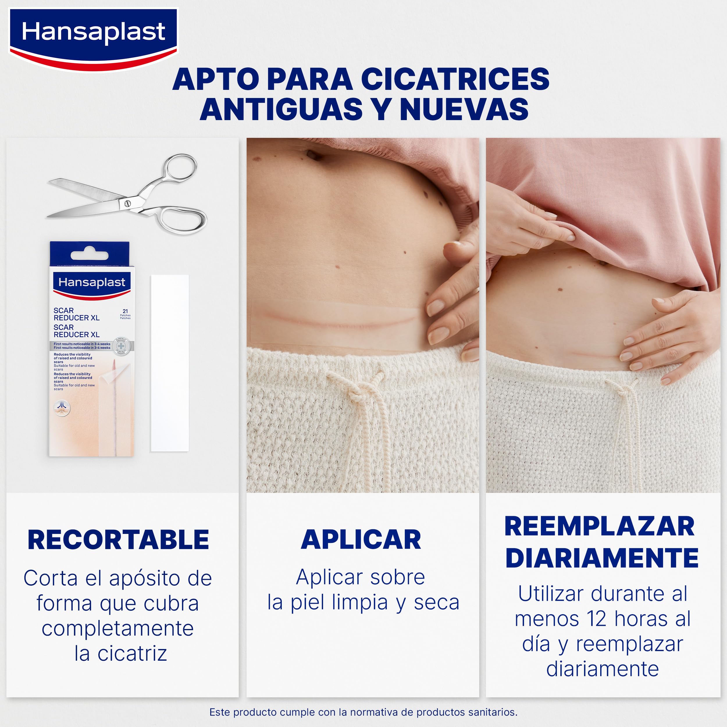 Hansaplast Reductor de cicatrices XL, apósitos adhesivos grandes, reduce las cicatrices nuevas y antiguas, impermeables y transpirables, 21 parches 30 x 146 mm