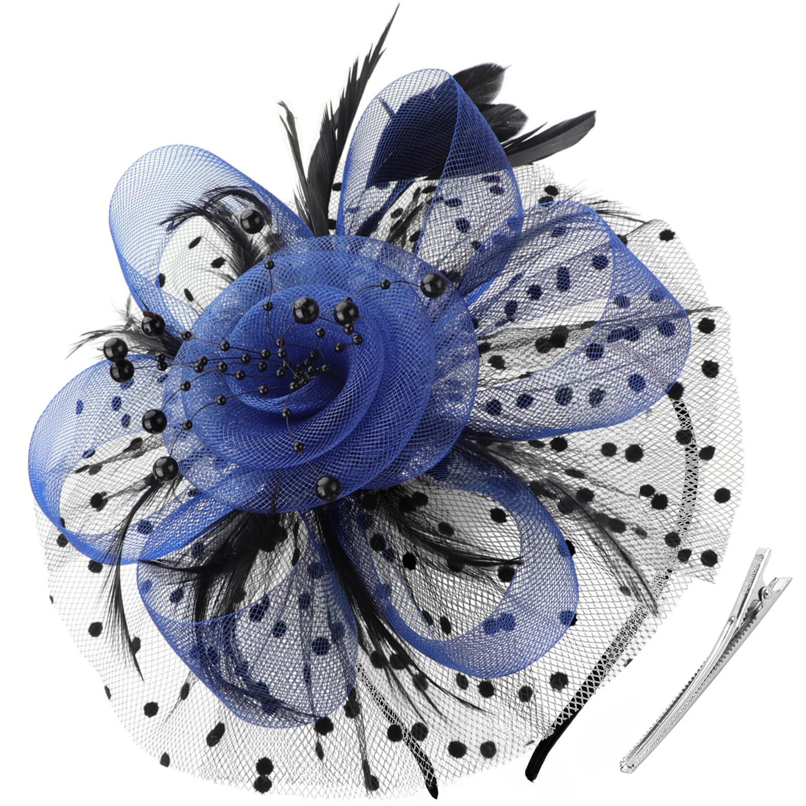 DRESHOW Fascinators Hat Flower Mesh Ribbons Feathers on a Headband and a Clip Tea Party Headwear for Girls and Women