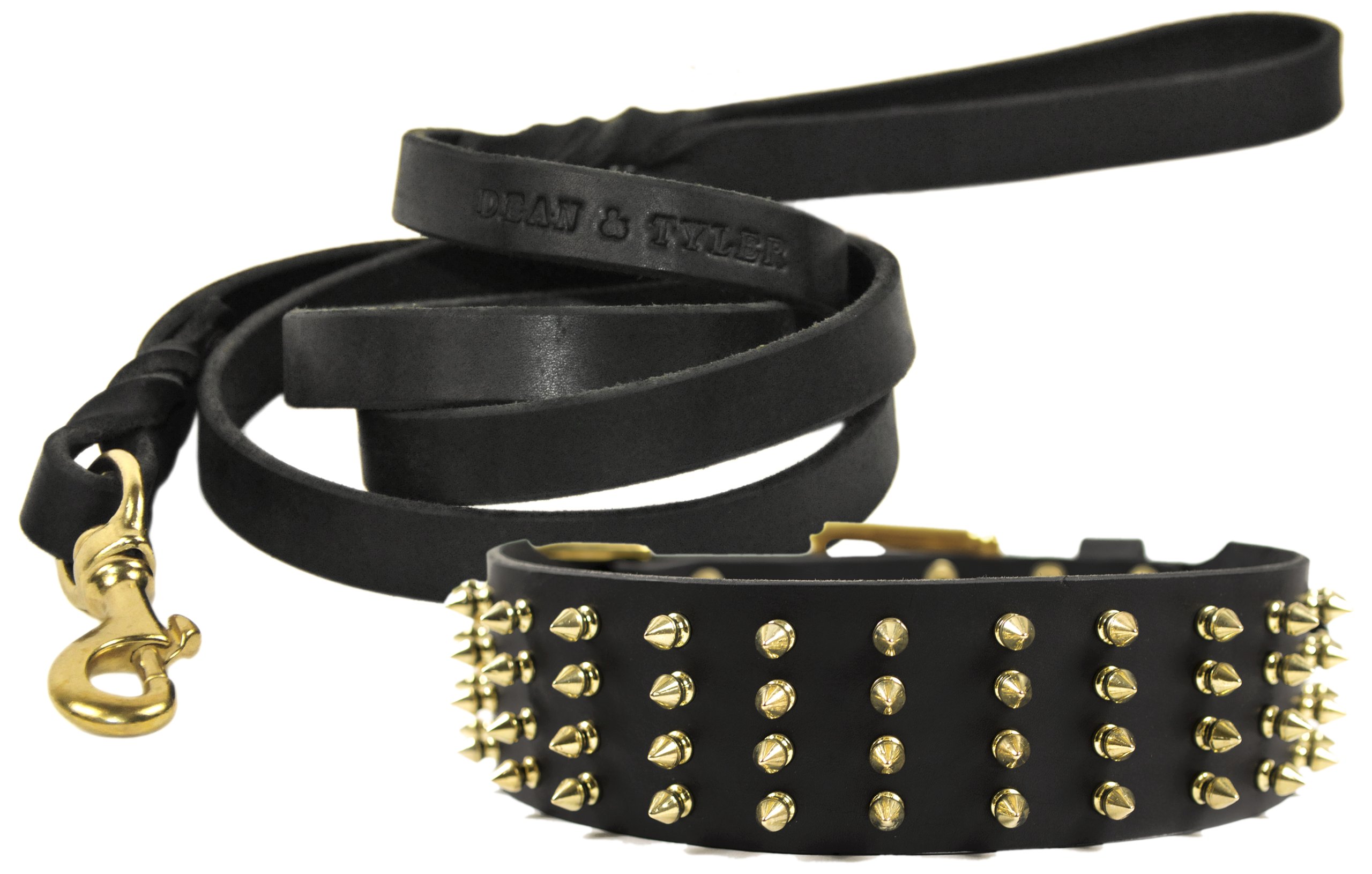 Collier pointes 4 rangées Dean et Tyler en cuir noir et sa laisse en laiton