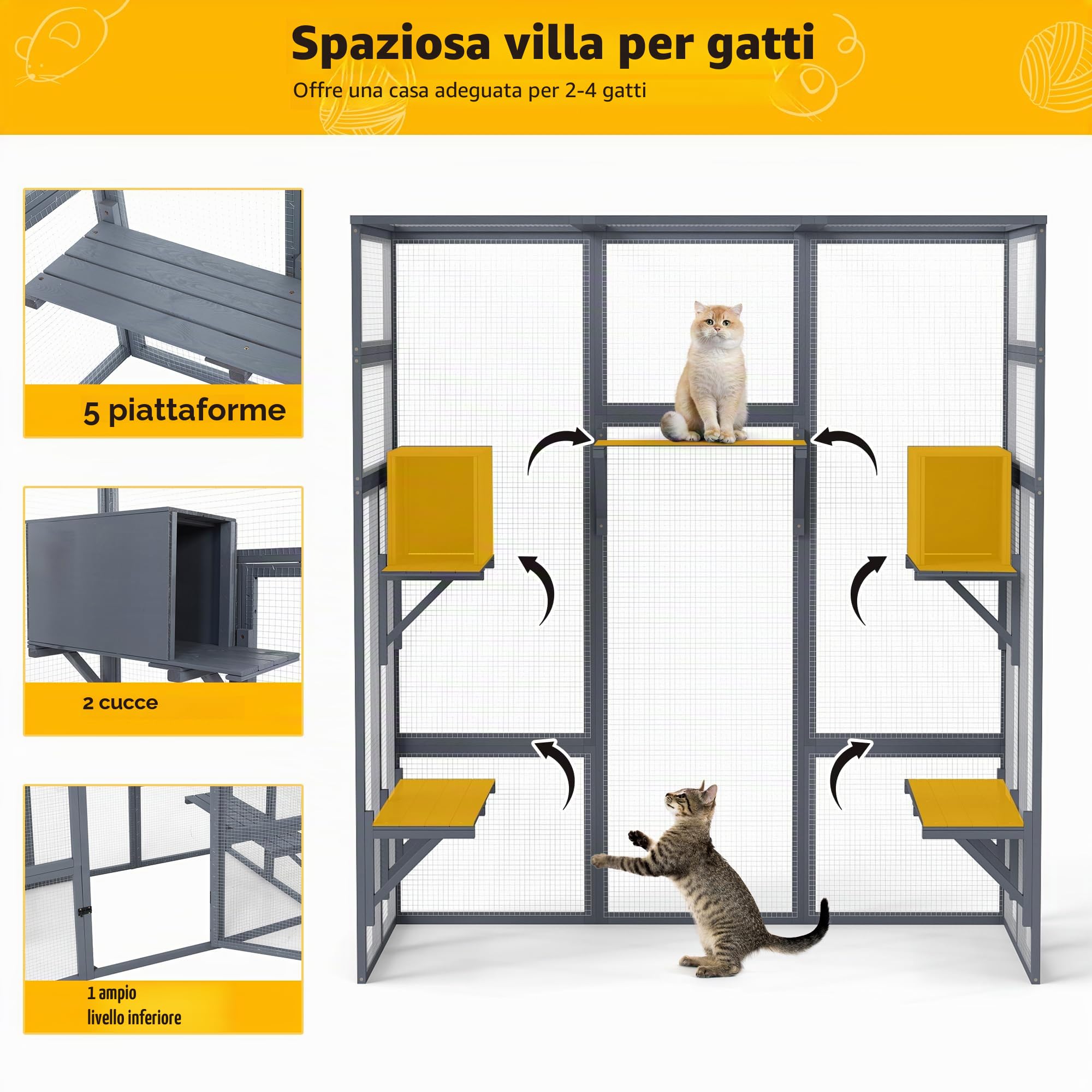 Catio - Recinzione per gatti per esterni, grande recinto per gatti, 159 x 82 x 178 cm, Kitty Haus, casa per gatti con ponti, passeggiate, piccole case, copertura del tetto (grigio scuro)