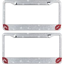 2PCS Red Lips Car License Plate Frame Cover for Women Girl Ladies Bling Diamond Sparkle Rhinestone Stainless Steel Metal Chrome with Screws,White+Red