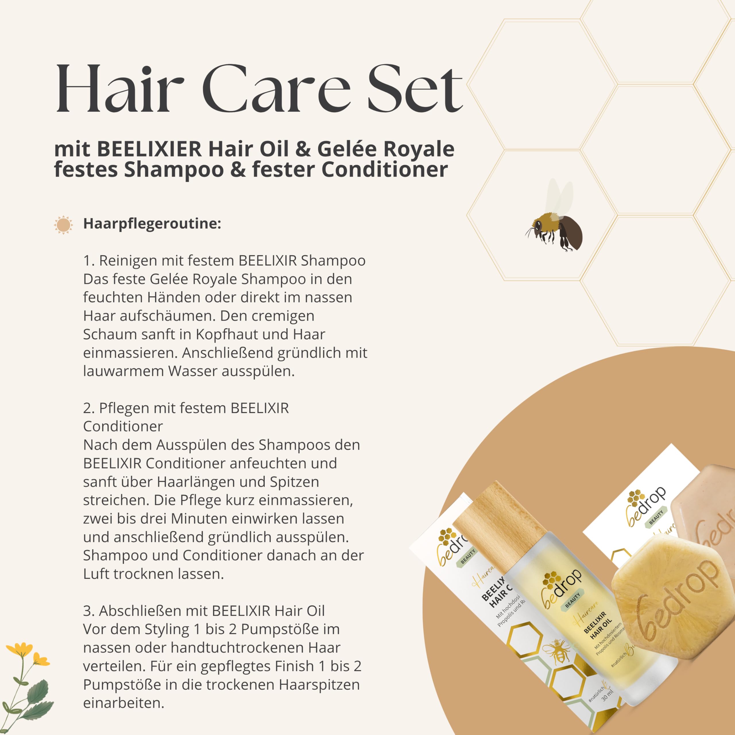 bedrop Hair Care Set | BEELIXIR Haaröl Hair Oil, Gelée Royale festes Shampoo, BEELIXIR fester Conditioner bei beanspruchtes Haar & Haarwachstum mit Rosmarinöl, Propolis & Manuka Honig