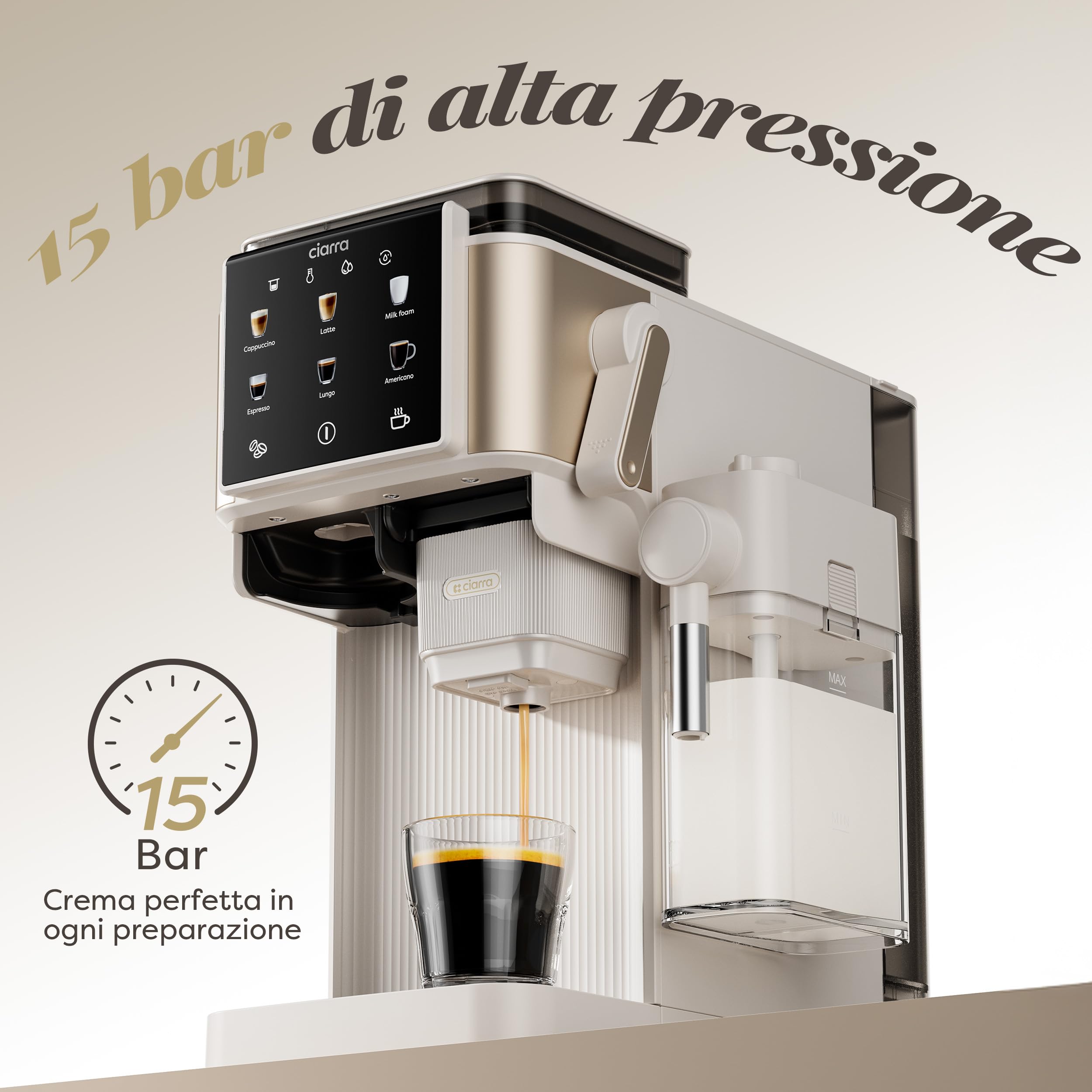 CIARRA CBSACM-D6 Macchina Caffè Espresso 15Bar con Macinacaffè e Montalatte | 1400W, Montalatte per Cappuccino e Latte, Caffè in Grani, Compatta, Decalcificazione Semiautomatica