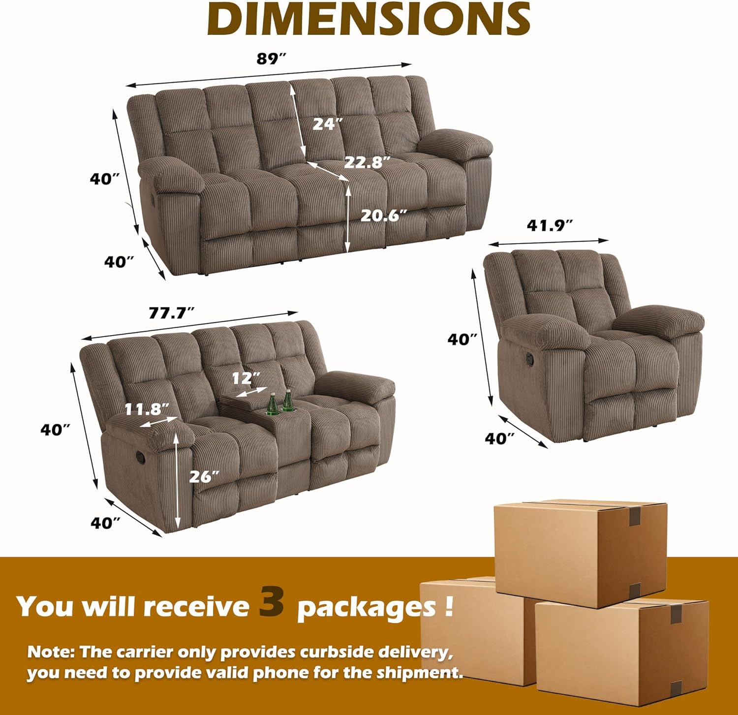 Recliner Sofa Set for Living Room, Corduroy Fabric Living Room Furniture Set, 3 Piece Manual Reclining Sofa Loveseat Chair Set with Drop Down Table&Storage Console (Brown, 3 PCS Couch Set)